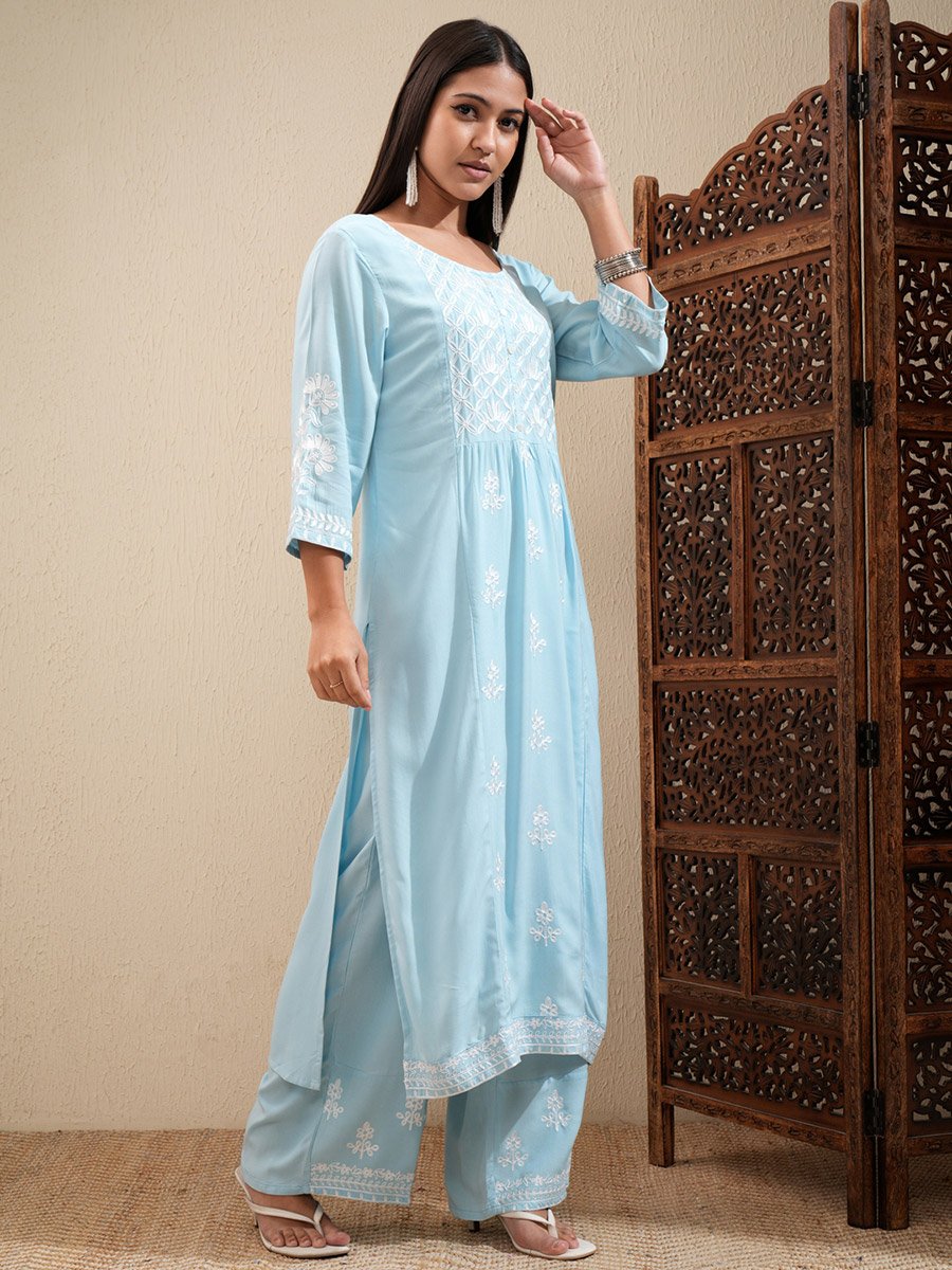 Floral Embroidered Thread Work Straight Kurta and Palazzos Set
