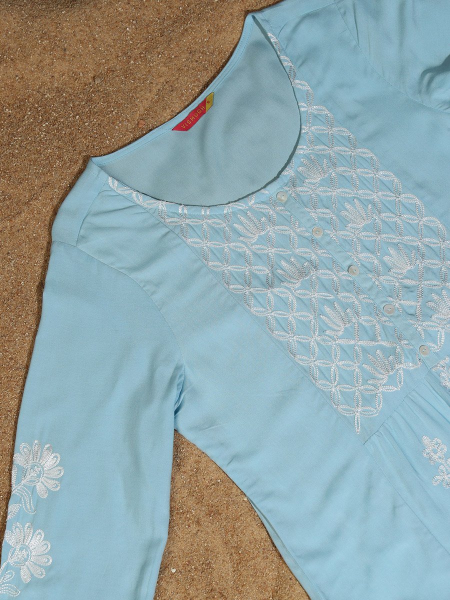 Floral Embroidered Thread Work Straight Kurta and Palazzos Set