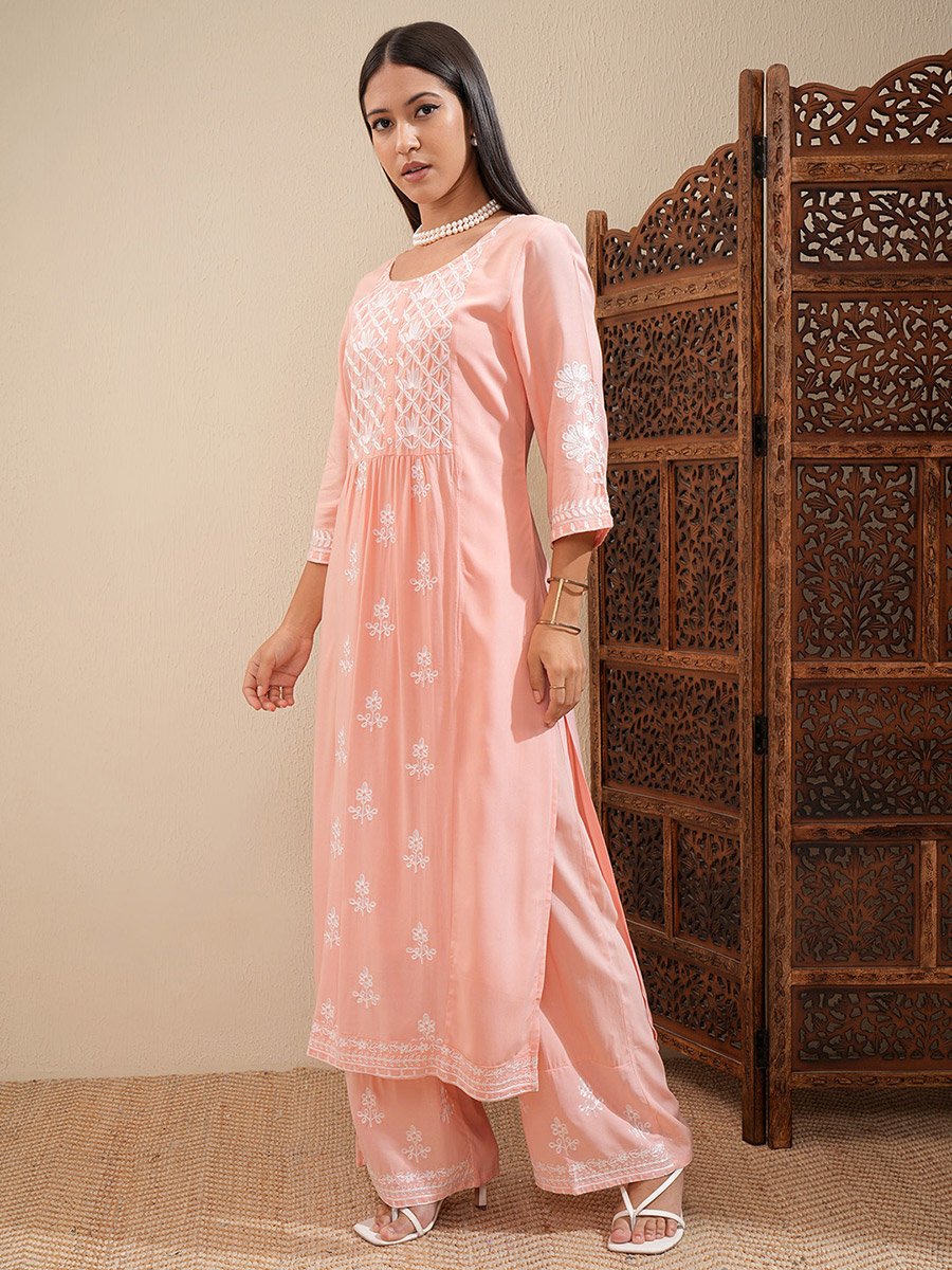 Floral Embroidered Thread Work Straight Kurta and Palazzos Set
