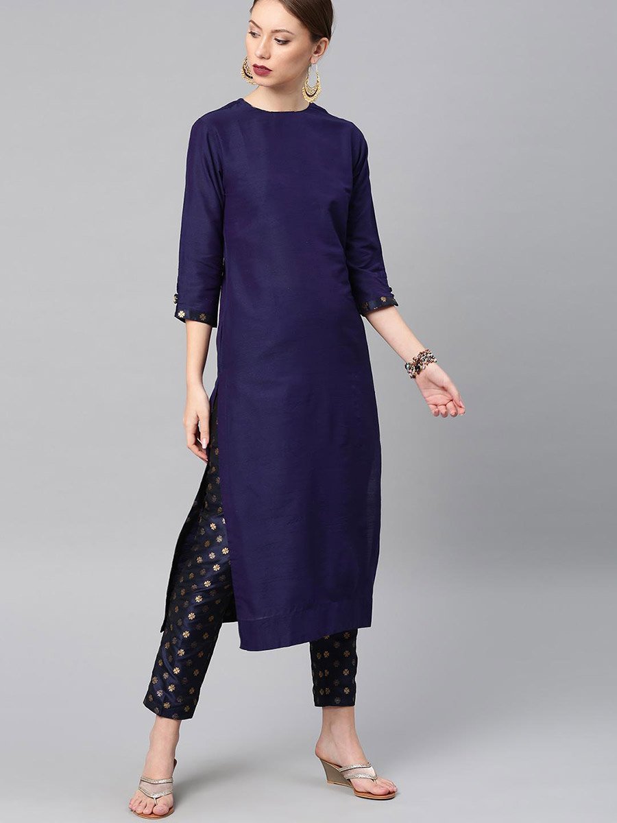 Plain Cotton Kurta and Printed Trousers Set