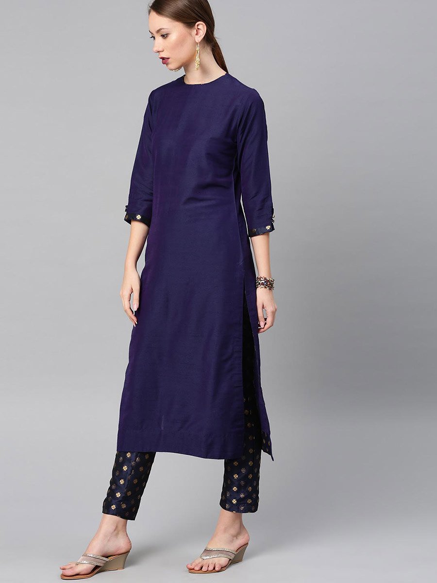 Plain Cotton Kurta and Printed Trousers Set
