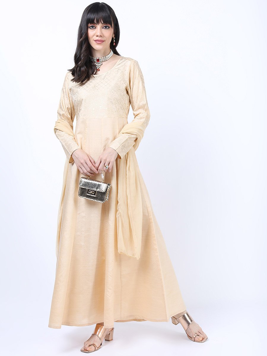 Foil Panel Print Ethnic Maxi Dress with Dupatta