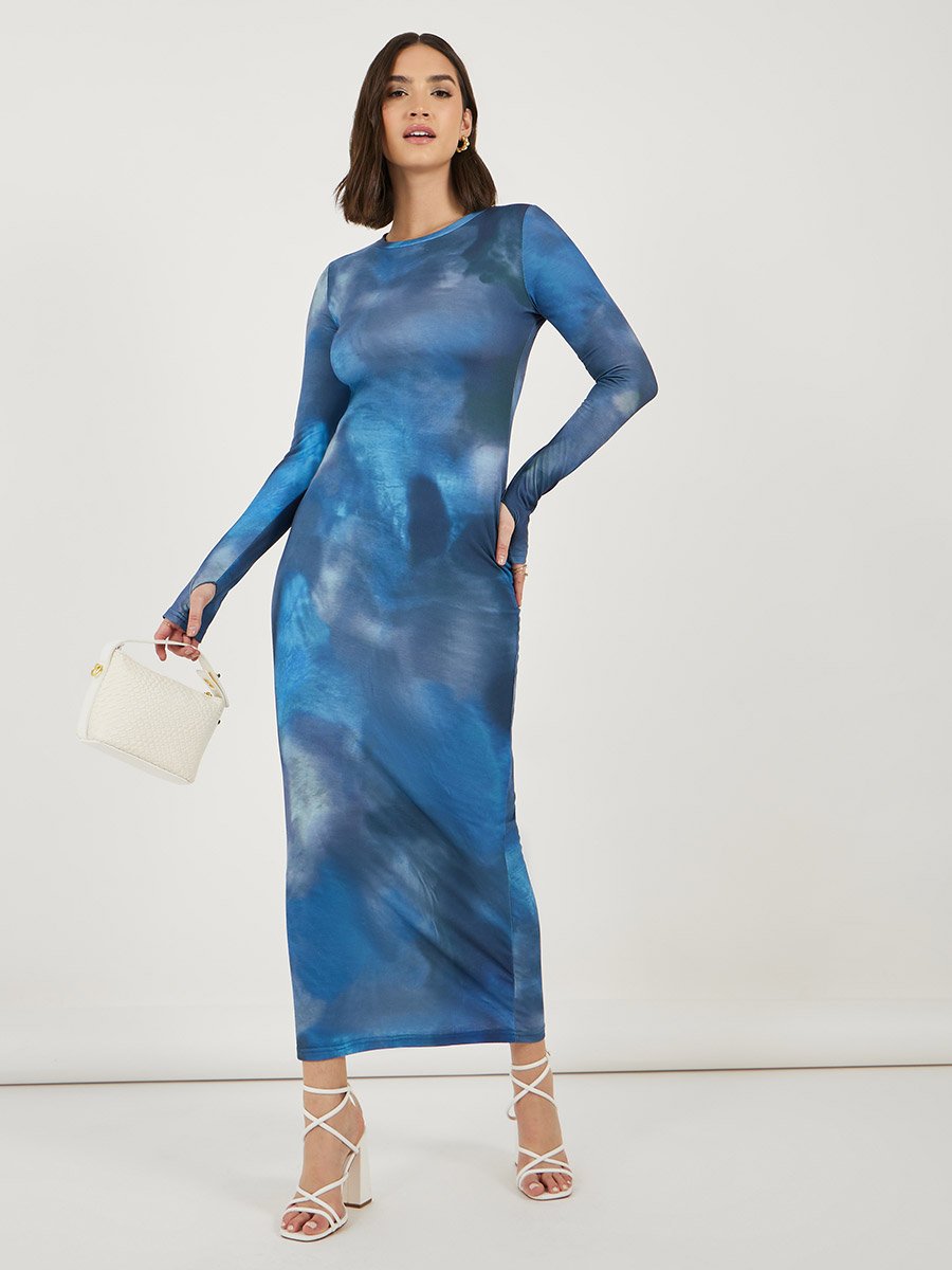 blue tie dye long sleeve dress Want To Be Me Tie Dye Maxi Dress - Blue