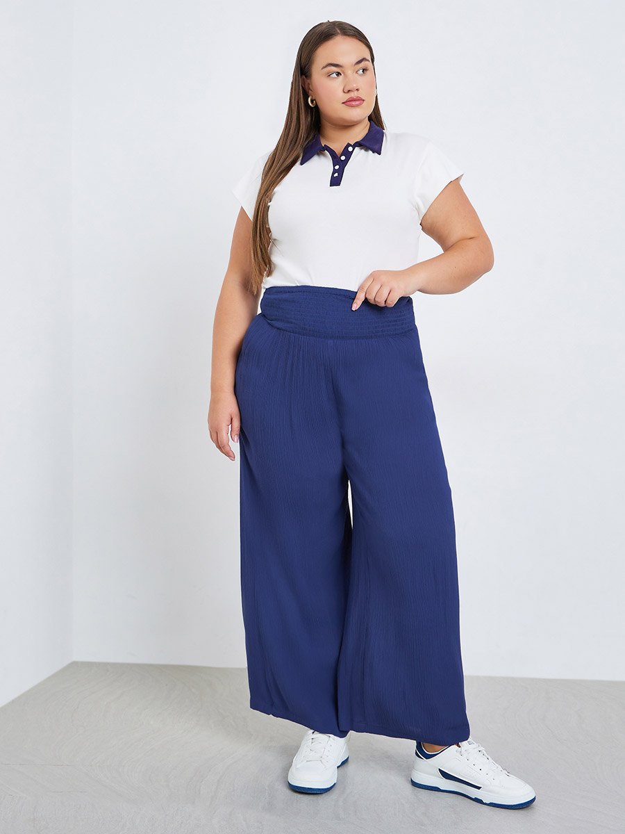 Plus Size Navy Wide Leg Trousers