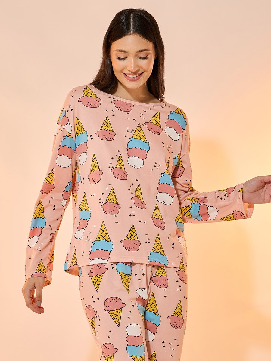 All Over Ice Cream Print Long Sleeves T-Shirt and Pyjama Set