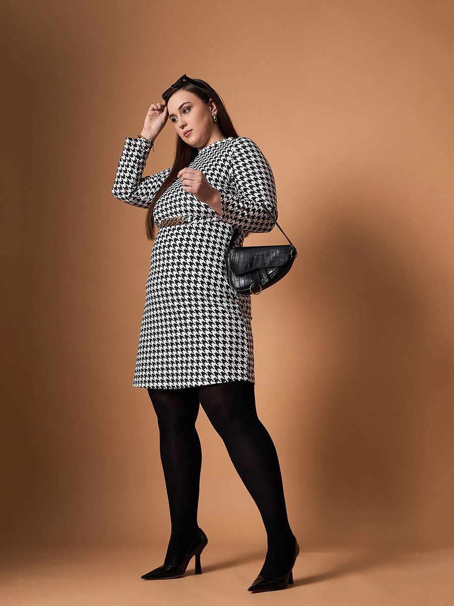 Plus Size Houndstooth Print Belted A-Line Mini Dress For Women at Saudi