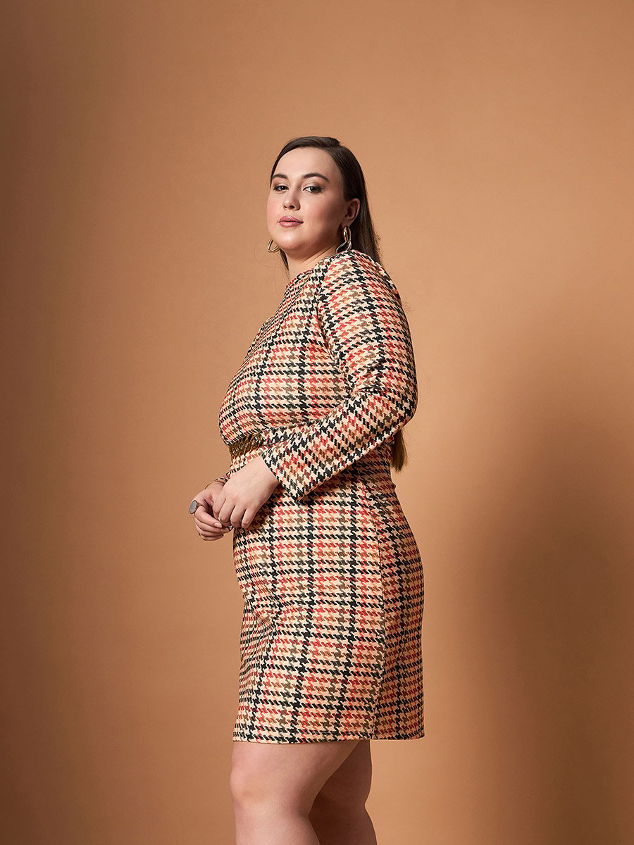Plus Size Houndstooth Print Belted A-Line Mini Dress For Women at UAE |  Styli