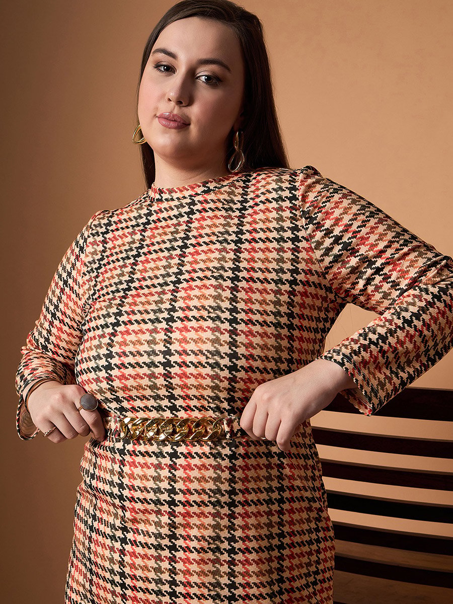 Plus Size Houndstooth Print Belted A-Line Mini Dress For Women at UAE |  Styli