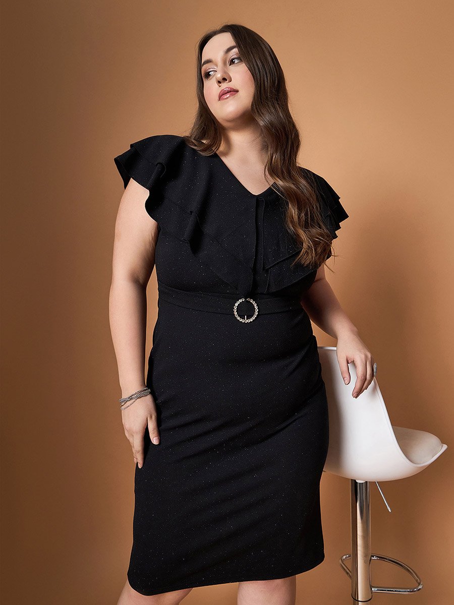 Plus Size Glittered Ruffle Detail Sheath Midi Dress
