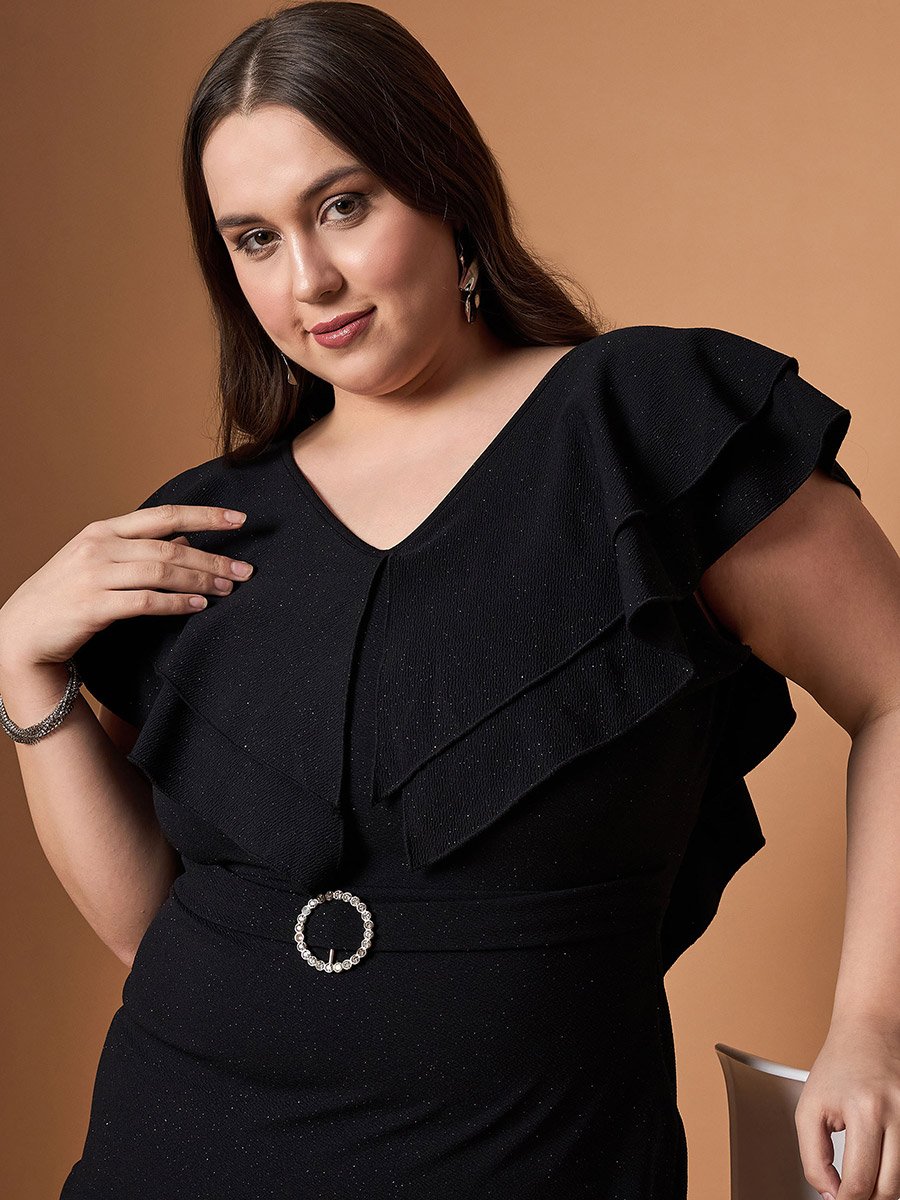 Plus Size Glittered Ruffle Detail Sheath Midi Dress