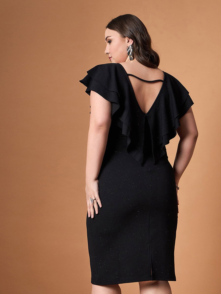 Plus Size Glittered Ruffle Detail Sheath Midi Dress