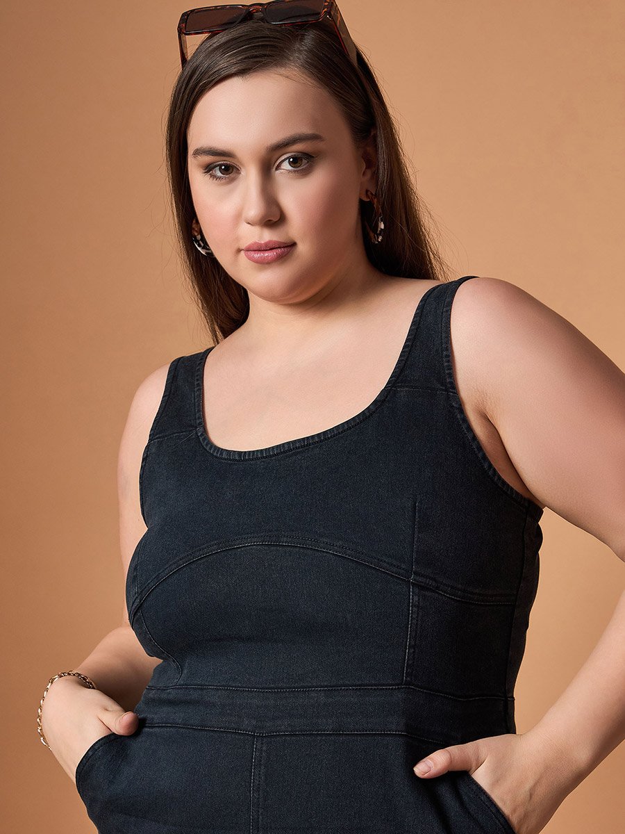 Plus Size Denim Front Slit Sheath Midi Dress