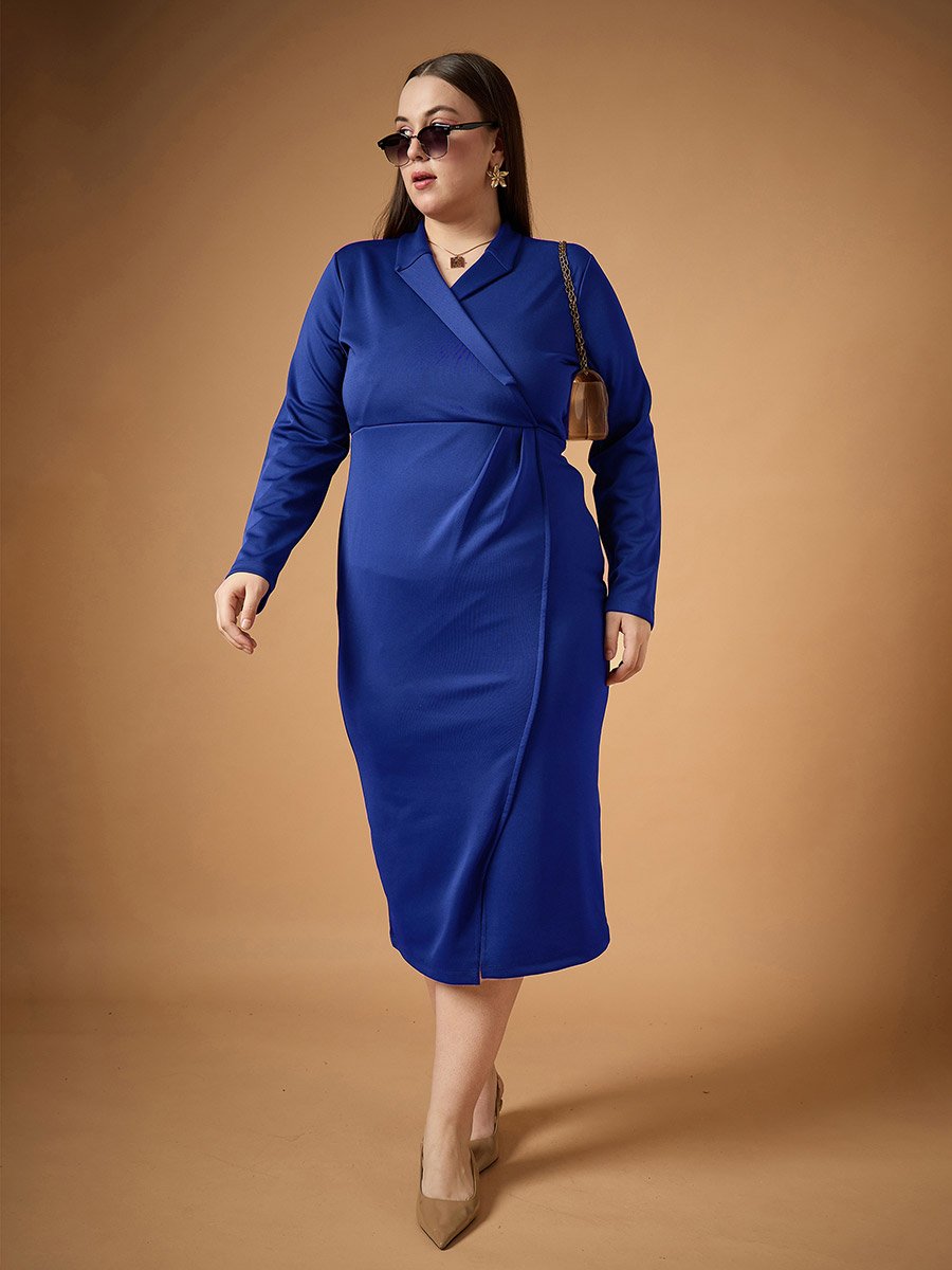 Plus Size Solid Wrap Look Sheath Midi Dress