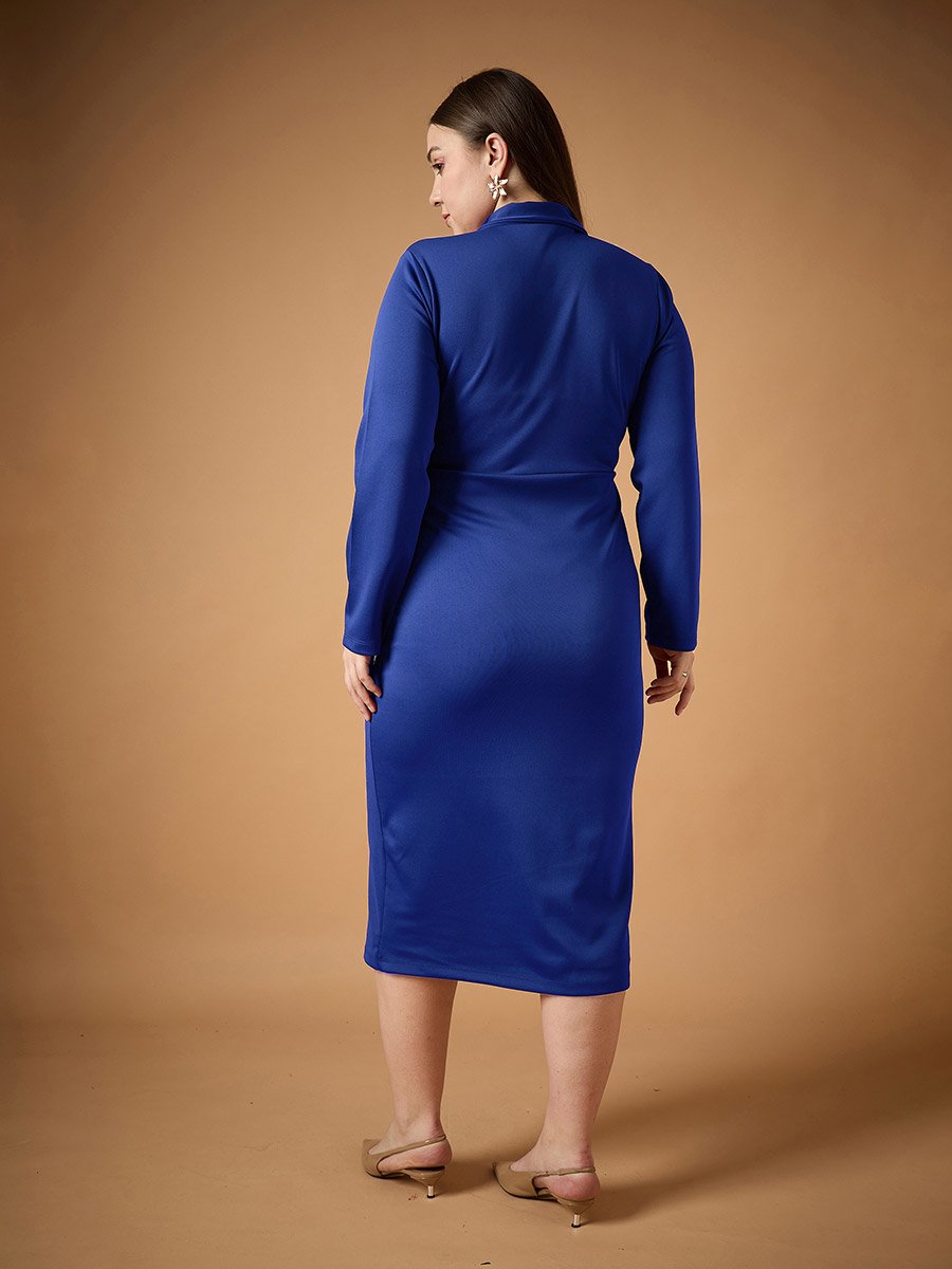 Plus Size Solid Wrap Look Sheath Midi Dress