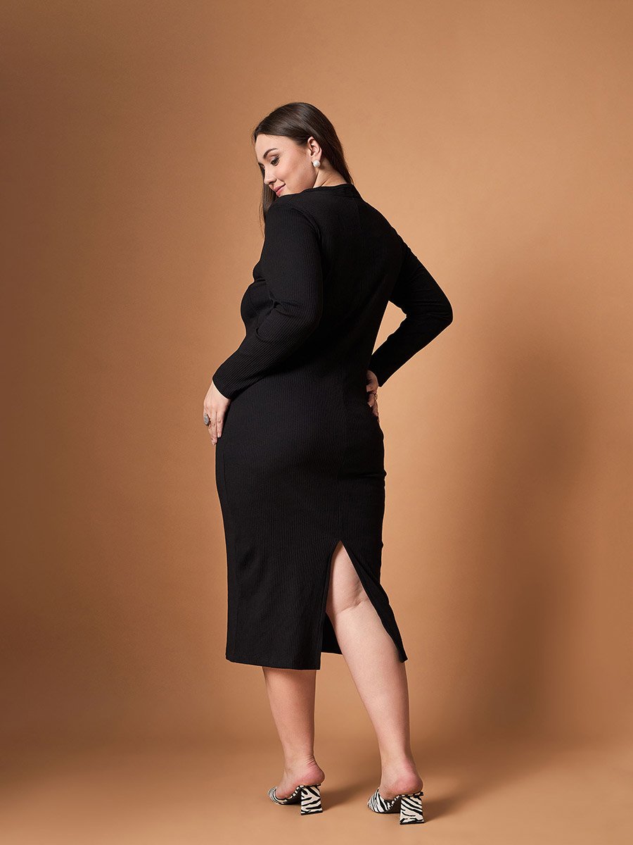 Plus Size Ribbed Long Sleeves Bodycon Midi Dress For Women at Saudi | Styli Plus Size Ribbed Long Sleeves Bodycon Midi Dress For Women at Saudi | Styli