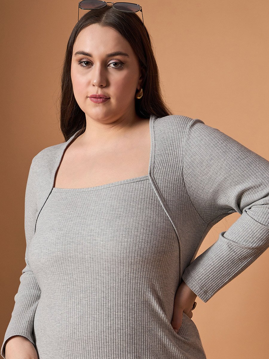 Plus Size Ribbed Long Sleeves Bodycon Midi Dress For Women at Bahrain |  Styli
