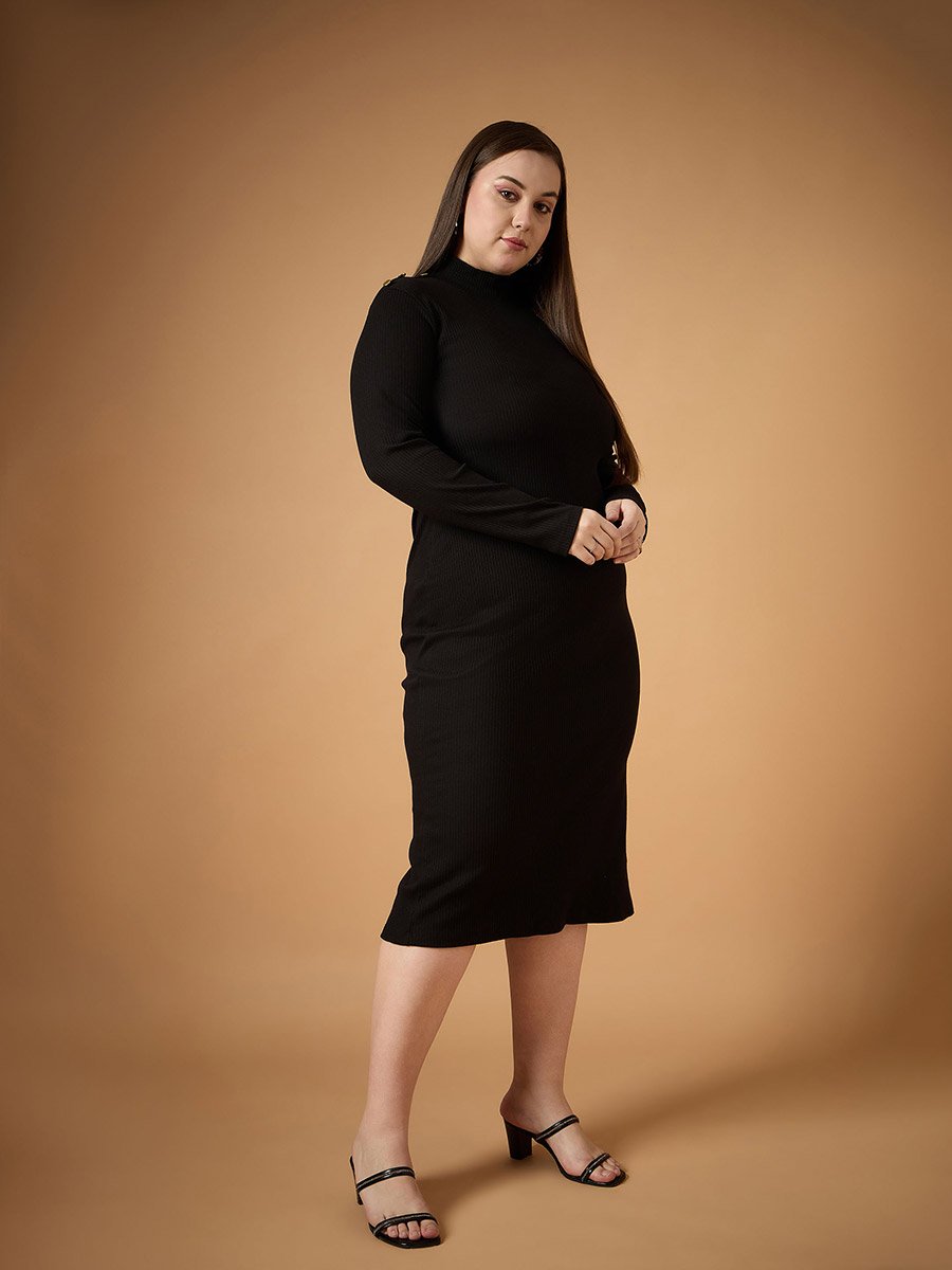 Plus Size Ribbed High Neck Bodycon Midi Dress