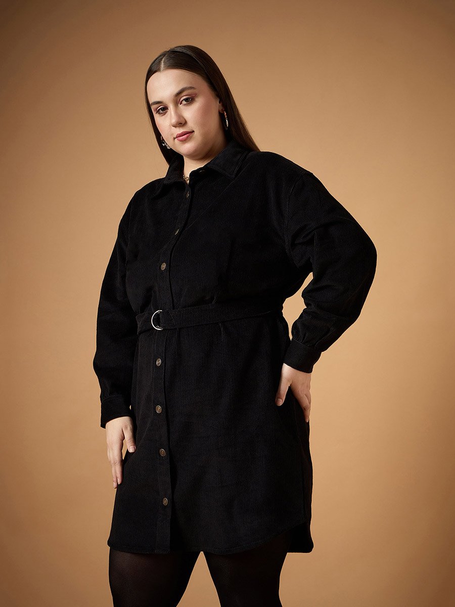 Plus Size Corduroy Belted Detail Mini Shirt Dress