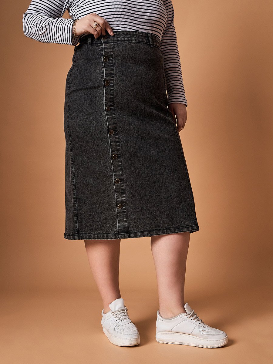 Plus Size Acid Wash Midi Skirt with Side Button Details