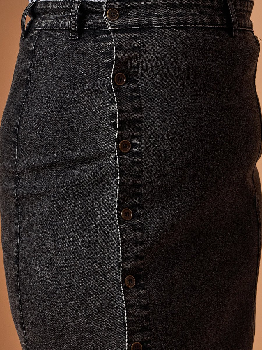 Plus Size Acid Wash Midi Skirt with Side Button Details