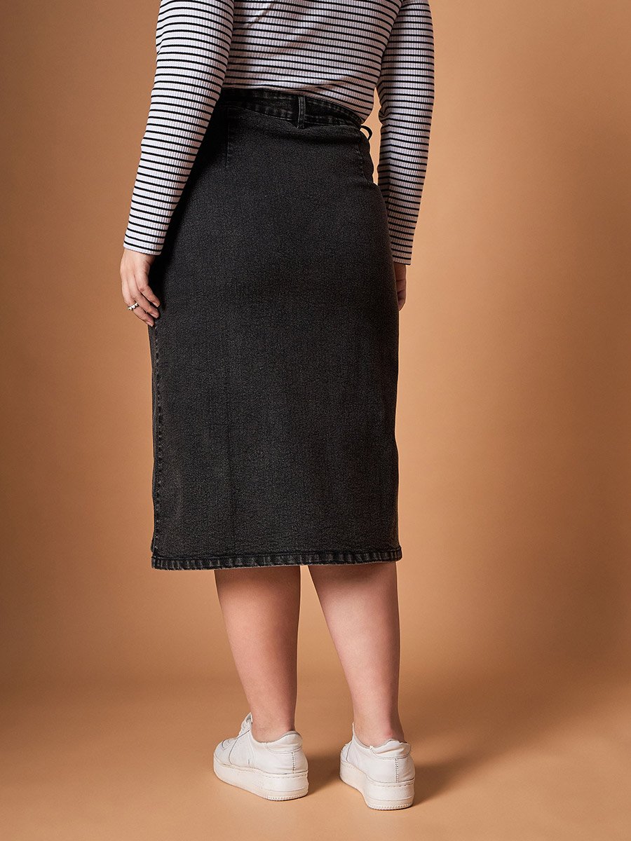 Plus Size Acid Wash Midi Skirt with Side Button Details