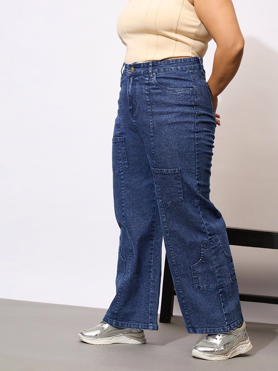 Plus Size Acid Wash Straight Fit Jeans with Pockets Details