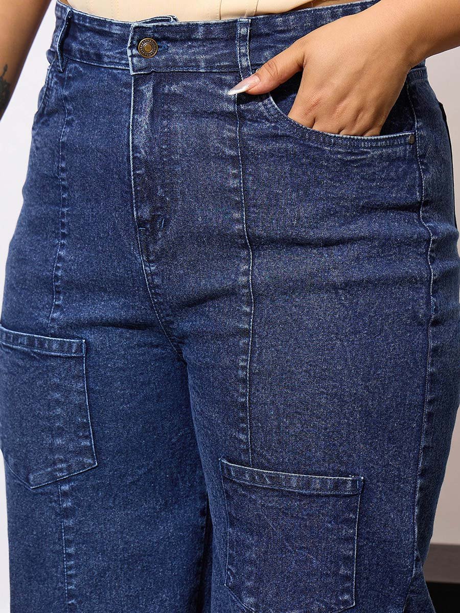 Plus Size Acid Wash Straight Fit Jeans with Pockets Details