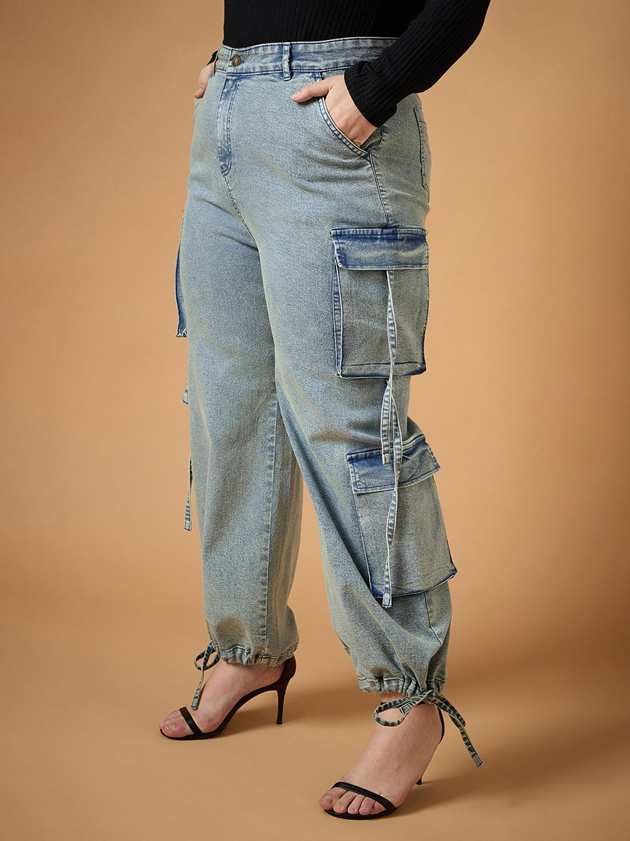 Plus Size Acid Wash Straight Fit Jeans with Cargo Pockets