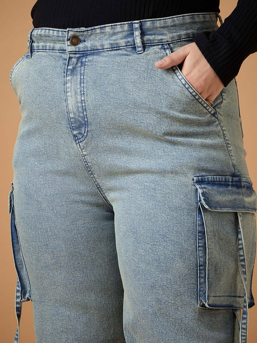 Plus Size Acid Wash Straight Fit Jeans with Cargo Pockets