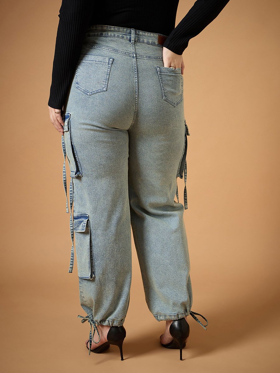 Plus Size Acid Wash Straight Fit Jeans with Cargo Pockets