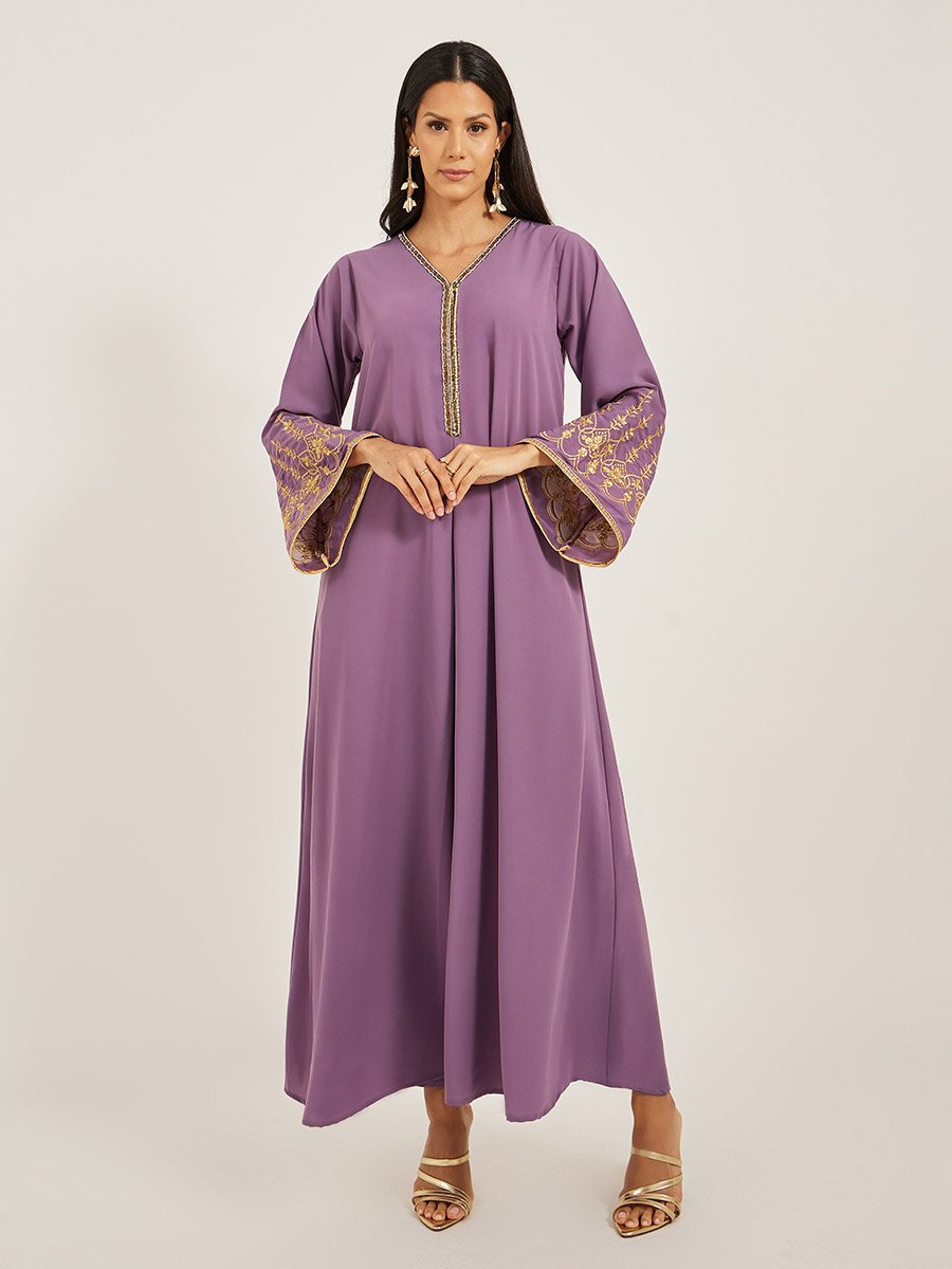 Embroidered V-Neck Flared Kaftan