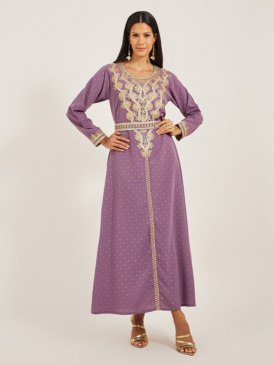 Embroidered Round Neck Belted A-Line Kaftan