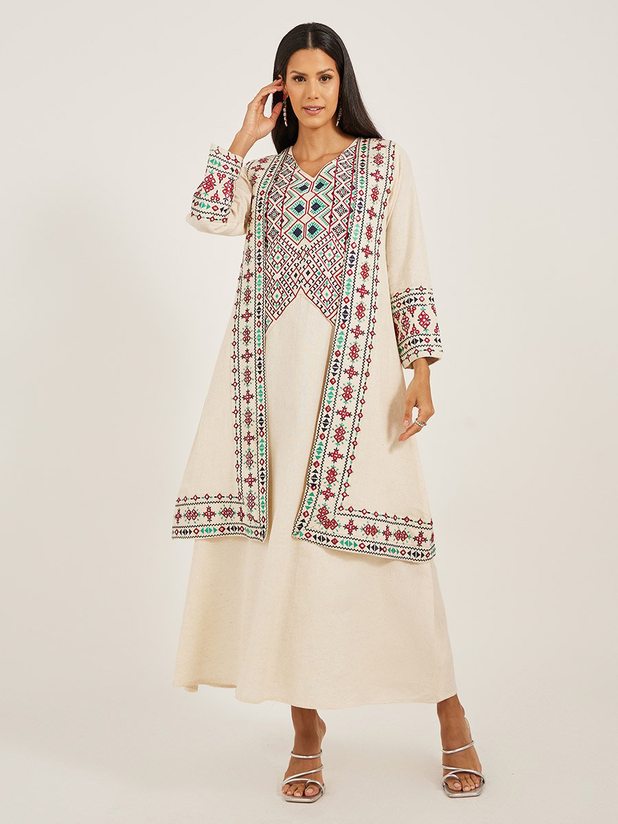 Embroidered V-Neck A-Line Kaftan