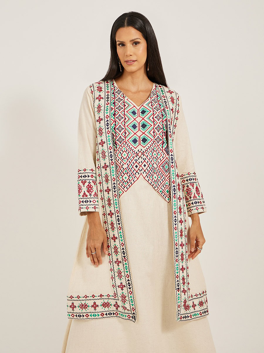 Embroidered V-Neck A-Line Kaftan