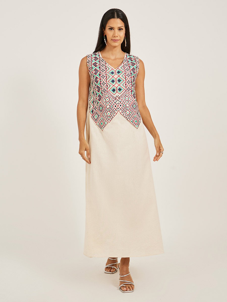 Embroidered V-Neck A-Line Kaftan
