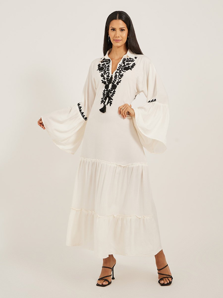 Embroidered Angel Sleeve A-Line Tiered Kaftan