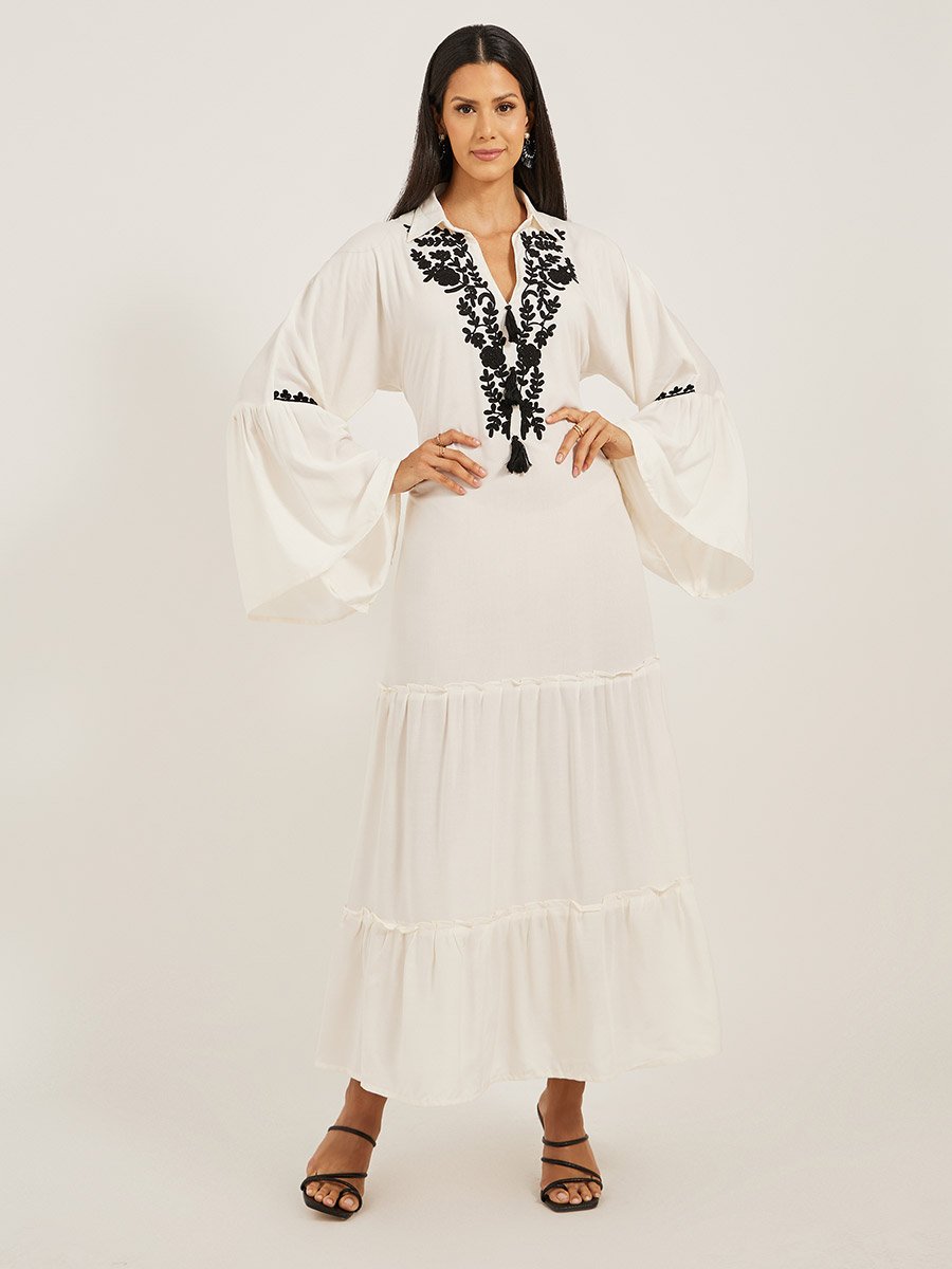 Embroidered Angel Sleeve A-Line Tiered Kaftan