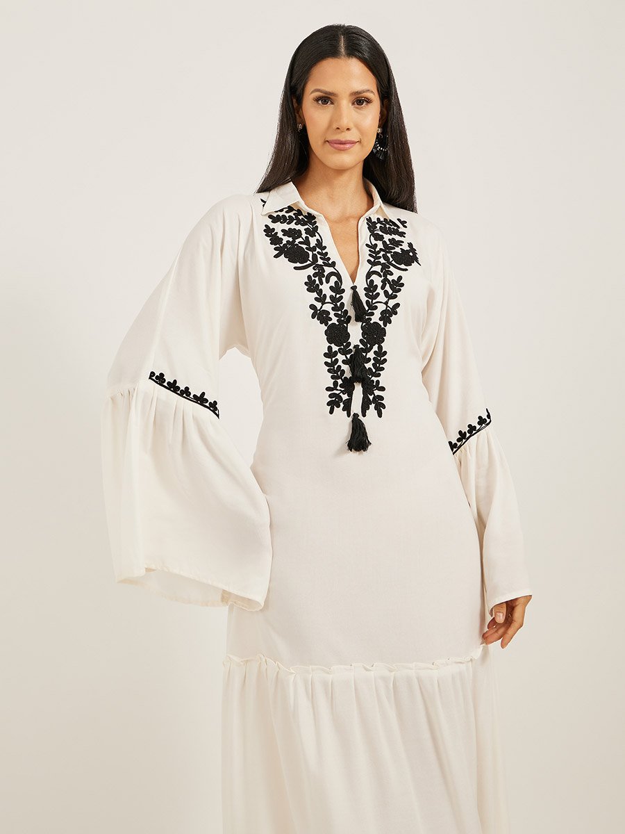 Embroidered Angel Sleeve A-Line Tiered Kaftan
