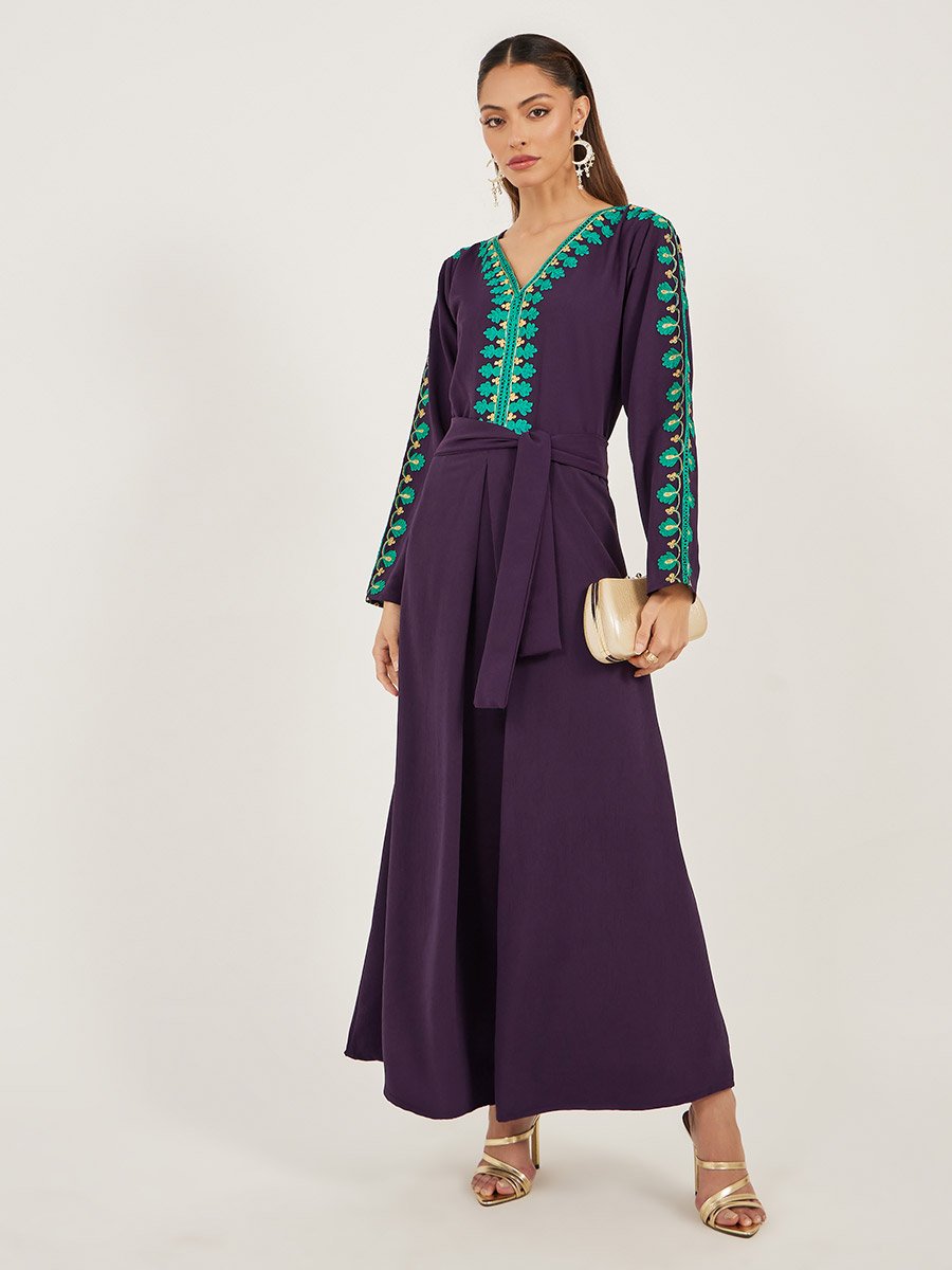 Embroidered A-Line Jalabiya with Tie Detail