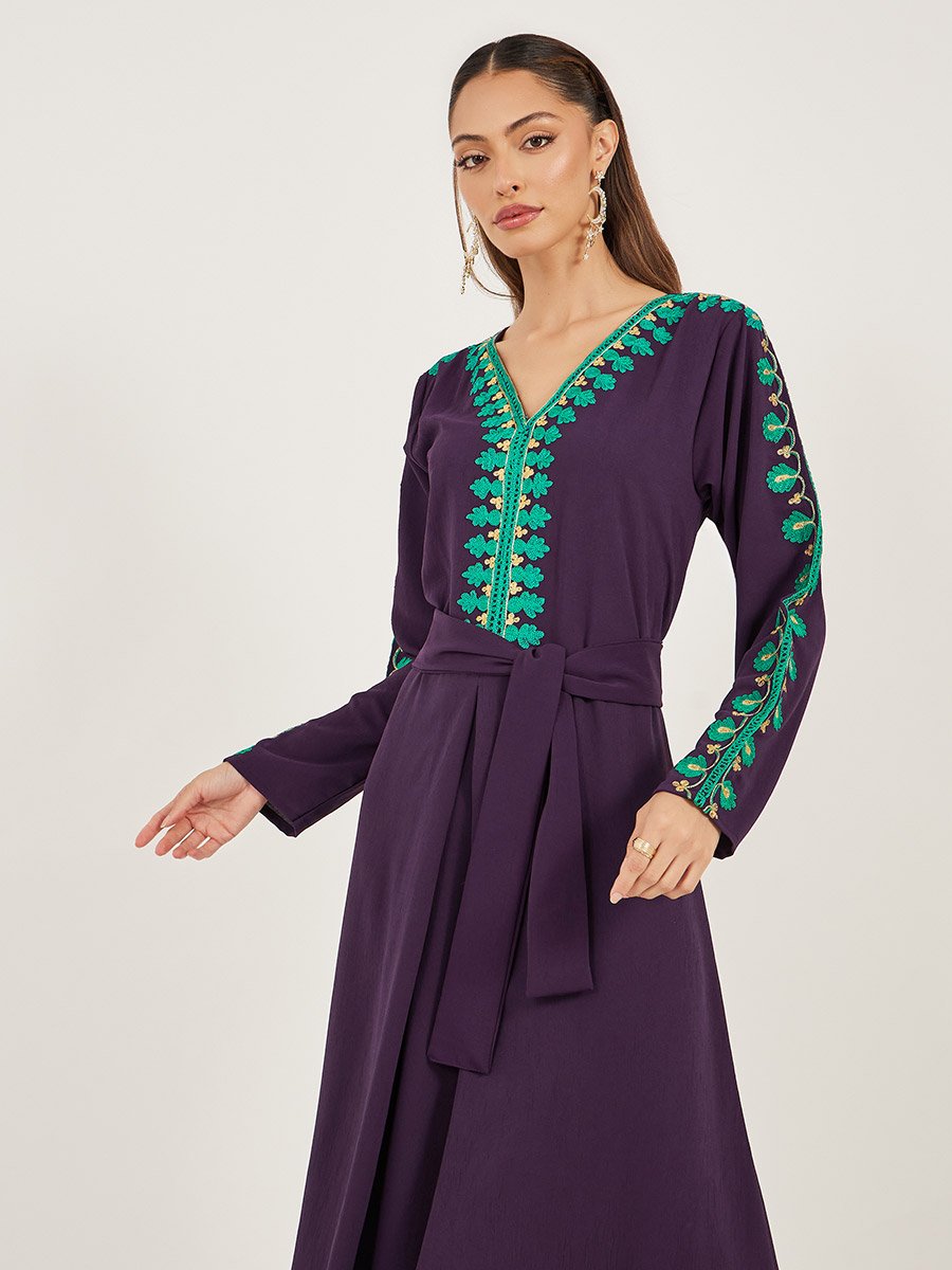 Embroidered A-Line Jalabiya with Tie Detail
