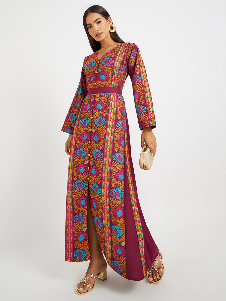 Embroidered V Neck Belted Jalabiya 