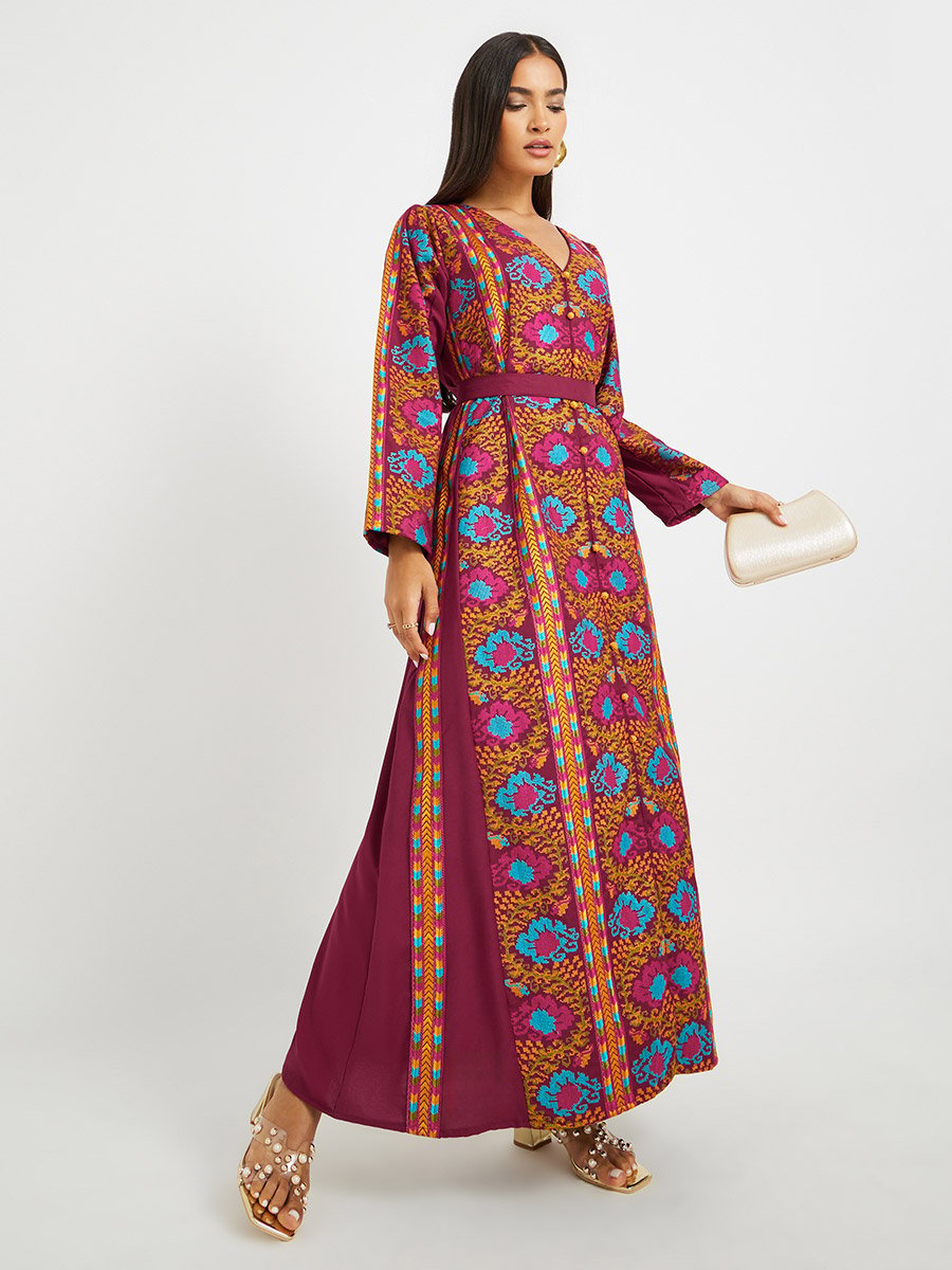 Embroidered V Neck Belted Jalabiya 