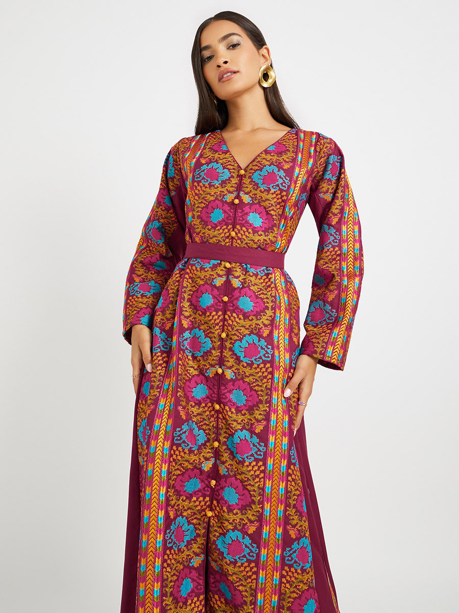 Embroidered V Neck Belted Jalabiya 