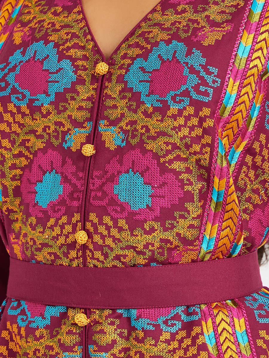 Embroidered V Neck Belted Jalabiya 