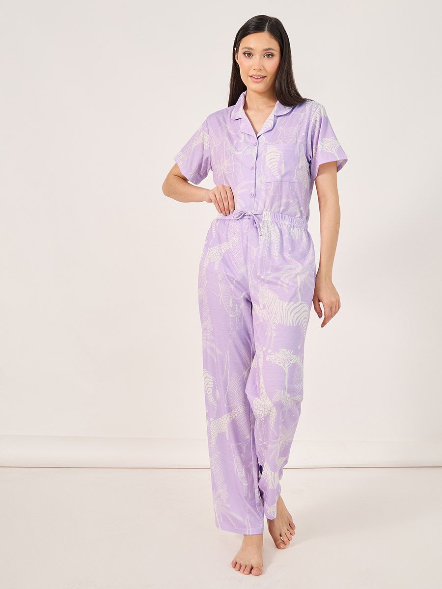 Giraffe Wildlife Print Button Placket Shirt and Pyjama Set