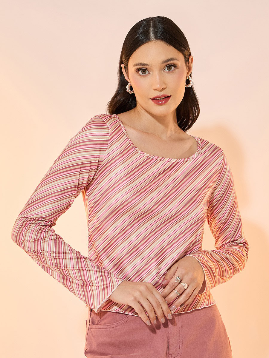 Striped Round Neck Long Sleeve Knit Top