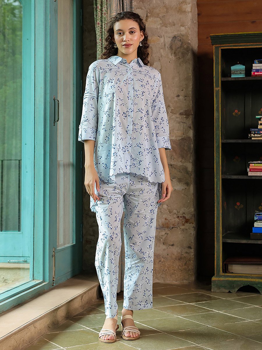 Floral Printed Cotton Shirt and Pyjama Set