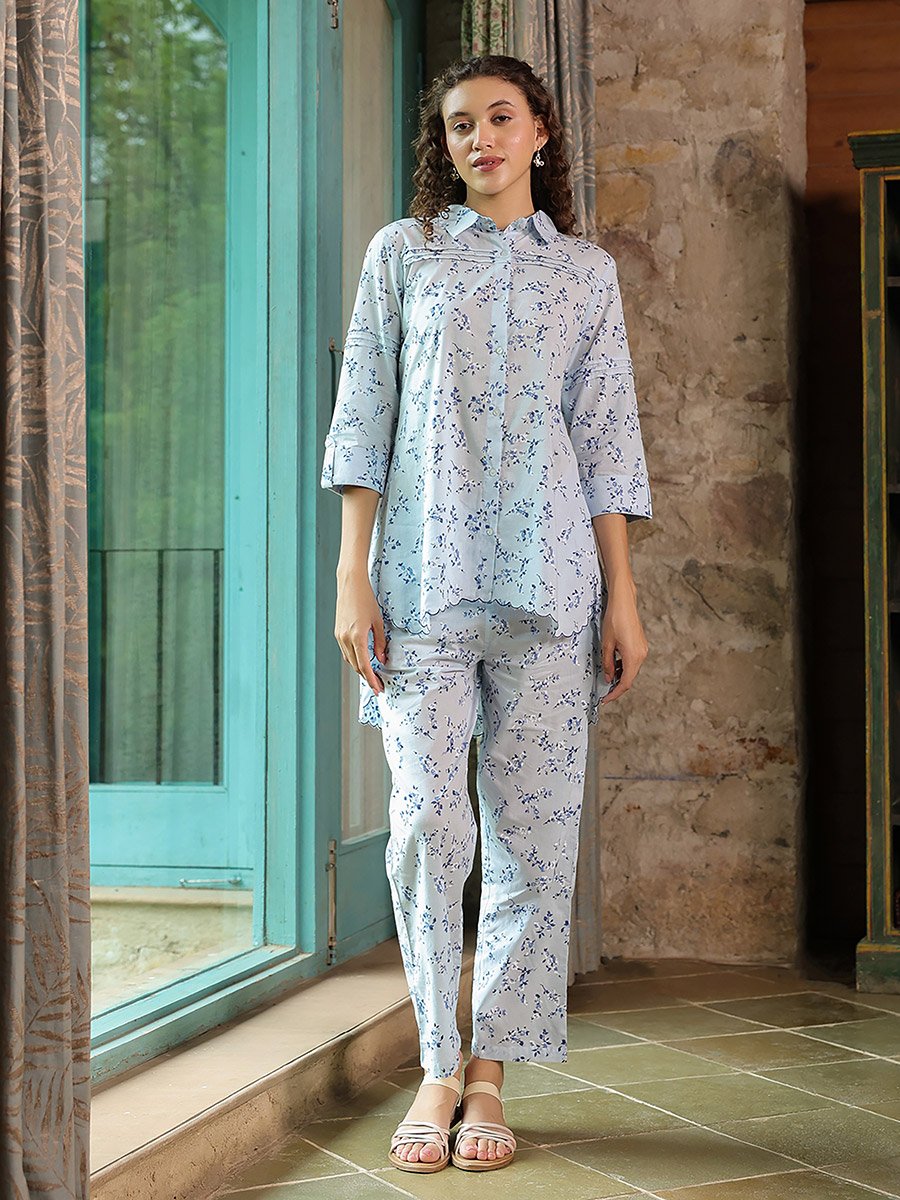 Floral Printed Cotton Shirt and Pyjama Set