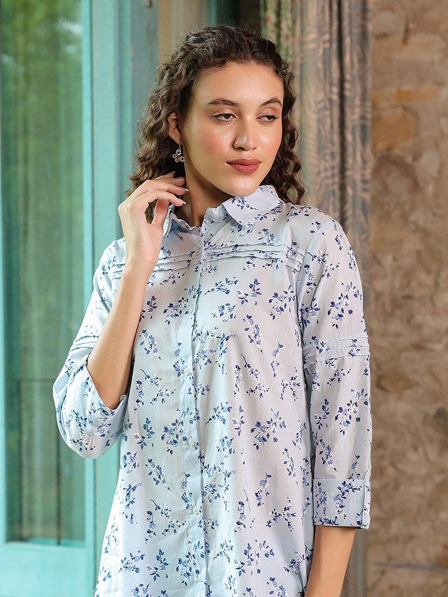 Floral Printed Cotton Shirt and Pyjama Set