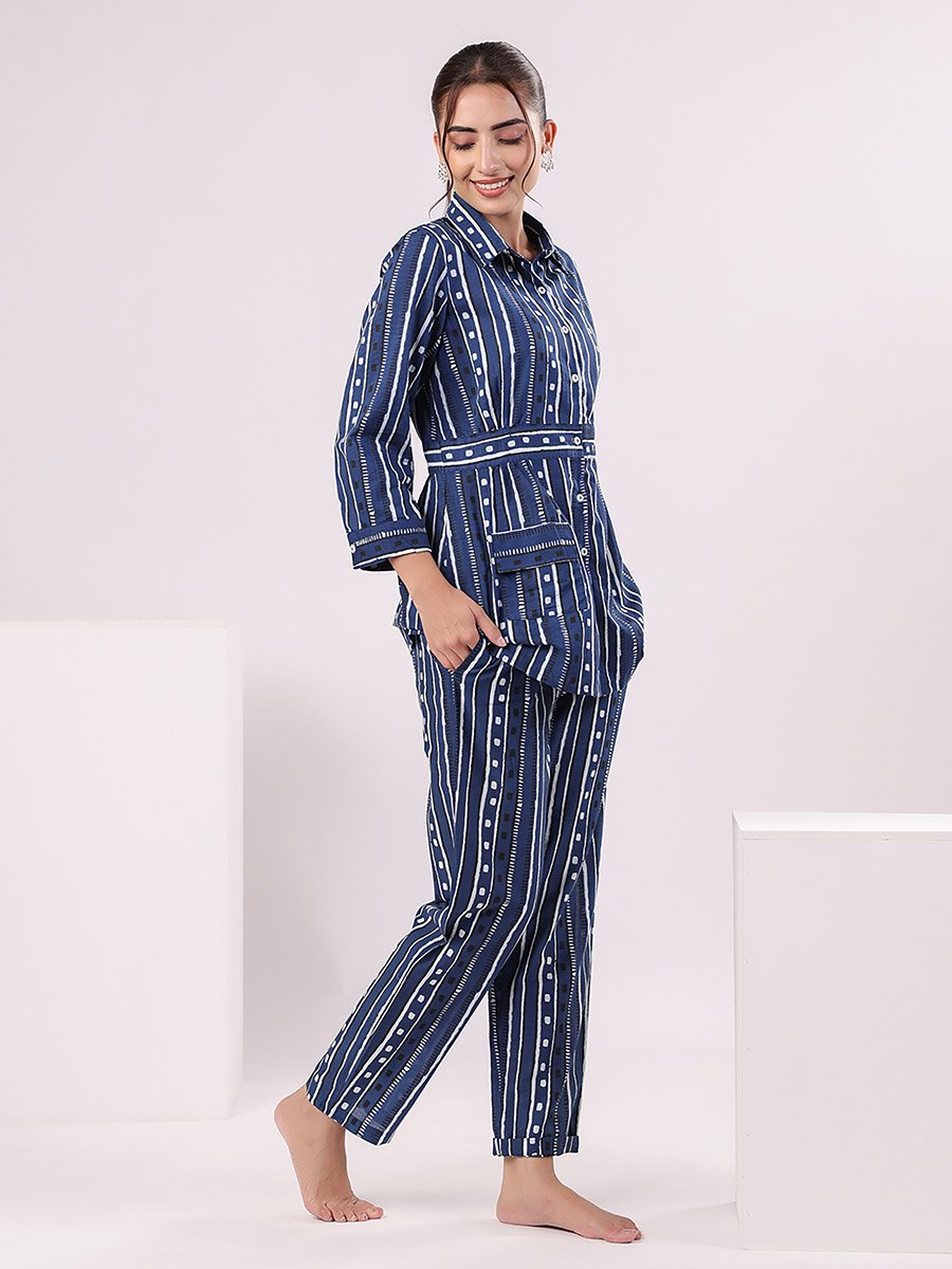 Striped Cotton Shirt and Pyjama Set with Pocket Detail